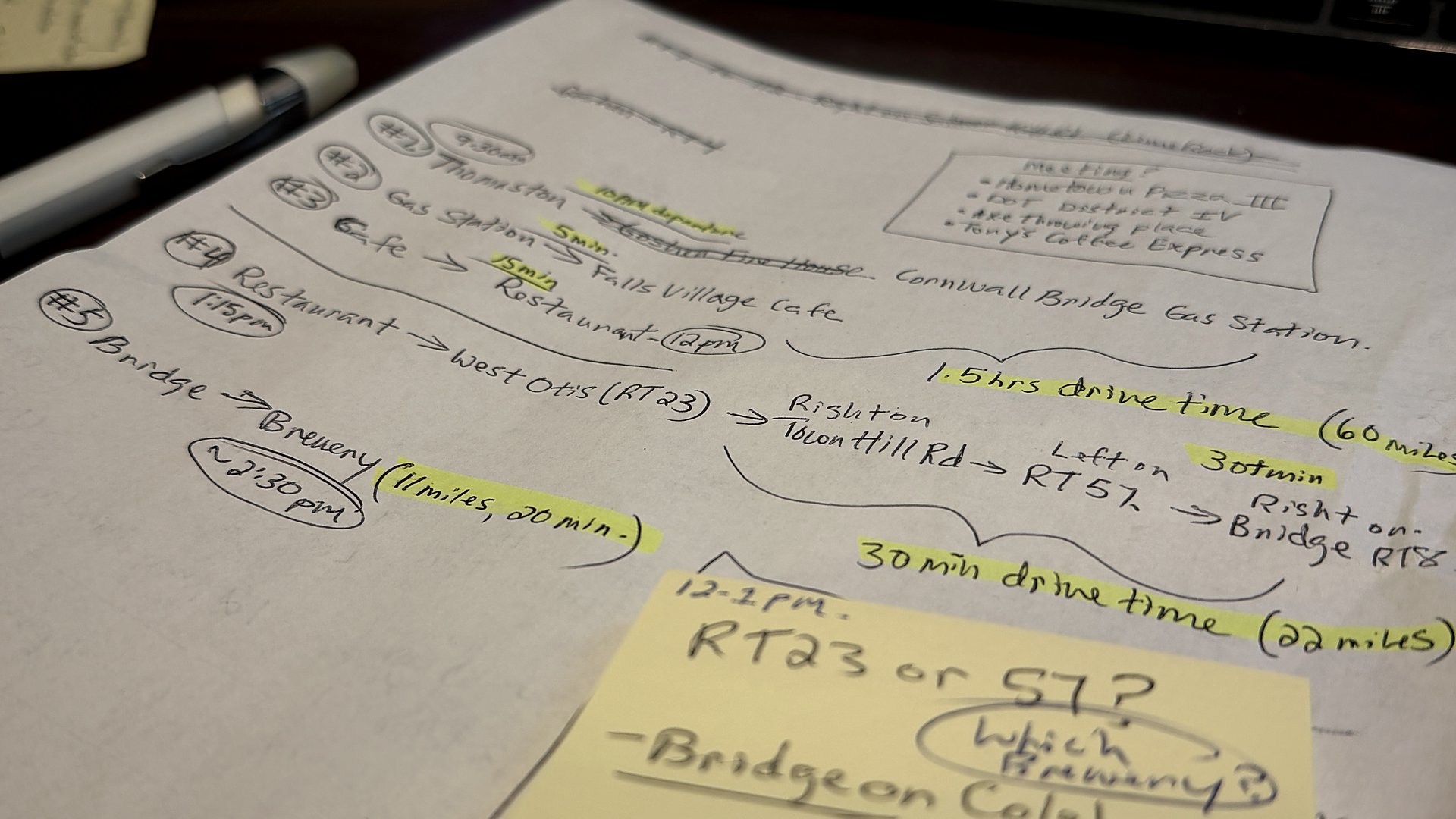A handwritten route plan: numbered stops, times, and drive-time notes, with a pen and sticky note on a desk.